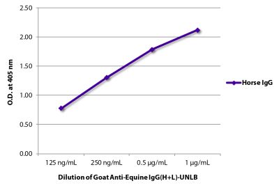 ELISA plate was coated with purified horse IgG. Immunoglobulin was detected with Goat Anti-Equine IgG(H+L)-UNLB (SB Cat. No. 6040-01) followed by Mouse Anti-Goat IgG Fc-HRP (SB Cat. No. 6158-05).