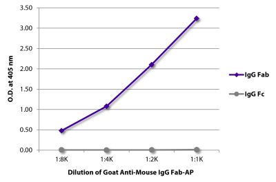 ELISA plate was coated with purified mouse IgG Fab and IgG Fc. Immunoglobulins were detected with serially diluted Goat Anti-Mouse IgG Fab-AP (SB Cat. No. 1015-04).