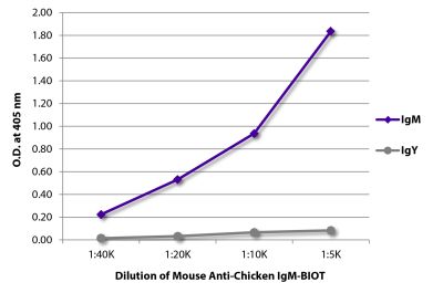 ELISA plate was coated with purified chicken IgM and IgY. Immunoglobulins were detected with serially diluted Mouse Anti-Chicken IgM-BIOT (SB Cat. No. 8310-08) followed by Streptavidin-HRP (SB Cat. No. 7100-05).