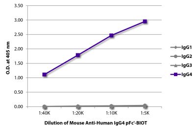 ELISA plate was coated with purified human IgG<sub>1</sub>, IgG<sub>2</sub>, IgG<sub>3</sub>, and IgG<sub>4</sub>. Immunoglobulins were detected with serially diluted Mouse Anti-Human IgG<sub>4</sub> pFc'-BIOT (SB Cat. No. 9190-08) followed by Streptavidin-HRP (SB Cat. No. 7100-05).