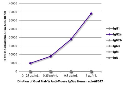 FLISA plate was coated with purified mouse IgG<sub>1</sub>, IgG<sub>2a</sub>, IgG<sub>2b</sub>, IgG<sub>3</sub>, IgM, and IgA. Immunoglobulins were detected with serially diluted Goat F(ab')<sub>2</sub> Anti-Mouse IgG<sub>2a</sub>, Human ads-AF647 (SB Cat. No. 1082-31).