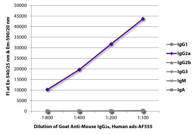 FLISA plate was coated with purified mouse IgG<sub>1</sub>, IgG<sub>2a</sub>, IgG<sub>2b</sub>, IgG<sub>3</sub>, IgM, and IgA. Immunoglobulins were detected with serially diluted Goat Anti-Mouse IgG<sub>2a</sub>, Human ads-AF555 (SB Cat. No. 1080-32).