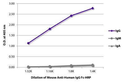 ELISA plate was coated with purified human IgG, IgM, and IgA. Immunoglobulins were detected with serially diluted Mouse Anti-Human IgG Fc-HRP (SB Cat. No. 9042-05).