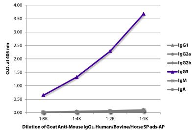 ELISA plate was coated with purified mouse IgG<sub>1</sub>, IgG<sub>2a</sub>, IgG<sub>2b</sub>, IgG<sub>3</sub>, IgM, and IgA. Immunoglobulins were detected with serially diluted Goat Anti-Mouse IgG<sub>3</sub>, Human/Bovine/Horse SP ads-AP (SB Cat. No. 1103-04).