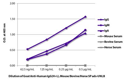 ELISA plate was coated with purified human IgG, IgM, and IgA and mouse, bovine, and horse serum. Immunoglobulins and sera were detected with serially diluted Goat Anti-Human IgG(H+L), Mouse/Bovine/Horse SP ads-UNLB (SB Cat. No. 2016-01) followed by Mouse Anti-Goat IgG Fc-HRP (SB Cat. No. 6158-05).