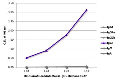 ELISA plate was coated with purified mouse IgG<sub>1</sub>, IgG<sub>2a</sub>, IgG<sub>2b</sub>, IgG<sub>3</sub>, IgM, and IgA.  Immunoglobulins were detected with serially diluted Goat Anti-Mouse IgG<sub>3</sub>, Human ads-AP (SB Cat. No. 1100-04).