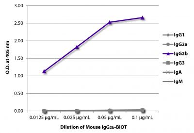 ELISA plate was coated with Goat Anti-Mouse IgG<sub>1</sub>, Human ads-UNLB (SB Cat. No. 1070-01), Goat Anti-Mouse IgG<sub>2a</sub>, Human ads-UNLB (SB Cat. No. 1080-01), Goat Anti-Mouse IgG<sub>2b</sub>, Human ads-UNLB (SB Cat. No. 1090-01), Goat Anti-Mouse IgG<sub>3</sub>, Human ads-UNLB (SB Cat. No. 1100-01), Goat Anti-Mouse IgA-UNLB (SB Cat. No. 1040-01), and Goat Anti-Mouse IgM, Human ads-UNLB (SB Cat. No. 1020-01).  Serially diluted Mouse IgG<sub>2b</sub>-BIOT (SB Cat. No. 0104-08) was captured followed by Streptavidin-HRP (SB Cat. No. 7100-05) and quantified.