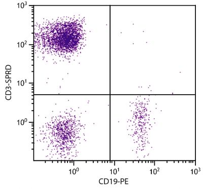 Human peripheral blood lymphocytes were stained with Mouse Anti-Human CD3-SPRD (SB Cat. No. 9515-13) and Mouse Anti-Human CD19-PE (SB Cat. No. 9340-09).