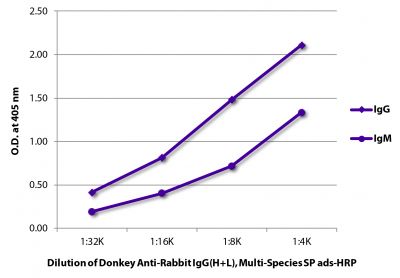 ELISA plate was coated with purified rabbit IgG and IgM.  Immunoglobulins were detected with serially diluted Donkey Anti-Rabbit IgG(H+L), Multi-Species SP ads-HRP (SB Cat. No. 6442-05).
