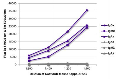 FLISA plate was coated with purified mouse IgGκ, IgMκ, IgAκ, IgGλ, IgMλ, and IgAλ.  Immunoglobulins were detected with serially diluted Goat Anti-Mouse Kappa-AF555 (SB Cat. No. 1050-32).