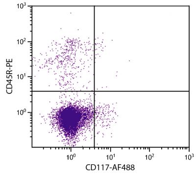 C57BL/6 mouse bone marrow cells were stained with Rat Anti-Mouse CD117-AF488 (SB Cat. No. 1880-30) and Rat Anti-Mouse CD45R-PE (SB Cat. No. 1665-09).