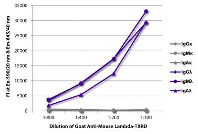 FLISA plate was coated with purified mouse IgGκ, IgMκ, IgAκ, IgGλ, IgMλ, and IgAλ.  Immunoglobulins were detected with serially diluted Goat Anti-Mouse Lambda-TXRD (SB Cat. No. 1060-07).