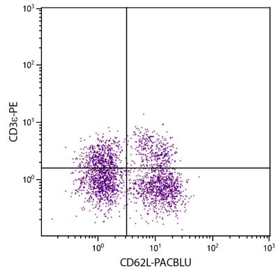 BALB/c mouse splenocytes were stained with Rat Anti-Mouse CD62L-PACBLU (SB Cat. No. 1705-26) and Rat Anti-Mouse CD3ε-PE (SB Cat. No. 1535-09).