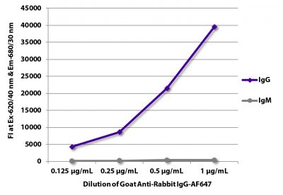 FLISA plate was coated with purified rabbit IgG and IgM.  Immunoglobulins were detected with serially diluted Goat Anti-Rabbit IgG-AF647 (SB Cat. No. 4030-31).