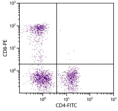 Feline peripheral blood lymphocytes were stained with Mouse Anti-Feline CD4-FITC (SB Cat. No. 8130-02) and Mouse Anti-Feline CD8-PE (SB Cat. No. 8120-09).