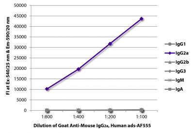 FLISA plate was coated with purified mouse IgG<sub>1</sub>, IgG<sub>2a</sub>, IgG<sub>2b</sub>, IgG<sub>3</sub>, IgM, and IgA.  Immunoglobulins were detected with serially diluted Goat Anti-Mouse IgG<sub>2a</sub>, Human ads-AF555 (SB Cat. No. 1080-32).