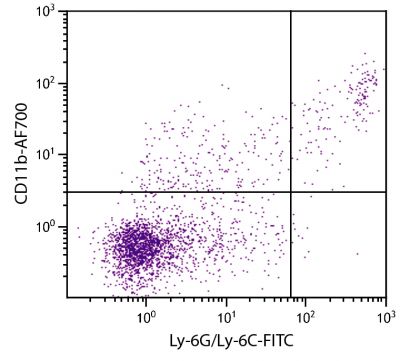 BALB/c mouse splenocytes were stained with Rat Anti-Mouse CD11b-AF700 (SB Cat. No. 1560-27) and Rat Anti-Mouse Ly-6G/Ly-6C-FITC (SB Cat. No. 1900-02).