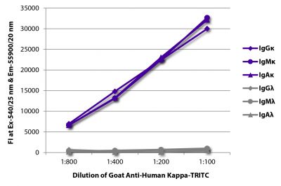 FLISA plate was coated with purified human IgGκ, IgMκ, IgAκ, IgGλ, IgMλ, and IgAλ.  Immunoglobulins were detected with serially diluted Goat Anti-Human Kappa-TRITC (SB Cat. No. 2060-03).
