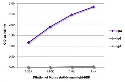 ELISA plate was coated with purified human IgM, IgG, and IgA.  Immunoglobulins were detected with serially diluted Mouse Anti-Human IgM-HRP (SB Cat. No. 9022-05).