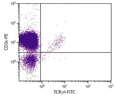 CD-1 mouse mesenteric lymph node cells were stained with Hamster Anti-Mouse TCRγδ-FITC (SB Cat. No. 1780-02) and Rat Anti-Mouse CD3ε-PE (SB Cat. No. 1535-09).