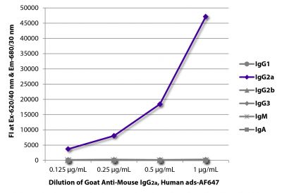 FLISA plate was coated with purified mouse IgG<sub>1</sub>, IgG<sub>2a</sub>, IgG<sub>2b</sub>, IgG<sub>3</sub>, IgM, and IgA.  Immunoglobulins were detected with serially diluted Goat Anti-Mouse IgG<sub>2a</sub>, Human ads-AF647 (SB Cat. No. 1080-31).