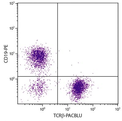 BALB/c mouse splenocytes were stained with Hamster Anti-Mouse TCRβ-PACBLU (SB Cat. No. 1785-26) and Rat Anti-Mouse CD19-PE (SB Cat. No. 1575-09).