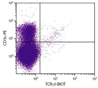 BALB/c mouse thymocytes were stained with Hamster Anti-Mouse TCRγδ-BIOT (SB Cat. No. 1780-08) and Rat Anti-Mouse CD3ε-PE (SB Cat. No. 1535-09) followed by Streptavidin-FITC (SB Cat. No. 7100-02).