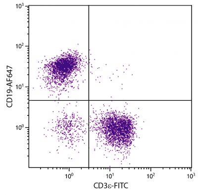 C57BL/6 mouse splenocytes were stained with Rat Anti-Mouse CD19-AF647 (SB Cat. No. 1575-31) and Rat Anti-Mouse CD3ε-FITC (SB Cat. No. 1535-02).