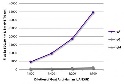 FLISA plate was coated with purified human IgA, IgG, and IgM.  Immunoglobulins were detected with serially diluted Goat Anti-Human IgA-TXRD (SB Cat. No. 2050-07).