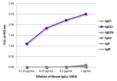 ELISA plate was coated with serially diluted Mouse IgG<sub>2c</sub>-UNLB (SB Cat. No. 0122-01).  Immunoglobulin was detected with Goat Anti-Mouse IgG<sub>1</sub>, Human ads-BIOT (SB Cat. No. 1070-08), Goat Anti-Mouse IgG<sub>2c</sub>, Human ads-BIOT (SB Cat. No. 1079-08), Goat Anti-Mouse IgG<sub>2b</sub>, Human ads-BIOT (SB Cat. No. 1090-08), Goat Anti-Mouse IgG<sub>3</sub>, Human ads-BIOT (SB Cat. No. 1100-08), Goat Anti-Mouse IgA-BIOT (SB Cat. No. 1040-08), and Goat Anti-Mouse IgM, Human ads-BIOT (SB Cat. No. 1020-08) followed by Streptavidin-HRP (SB Cat No. 7100-05) and quantified.