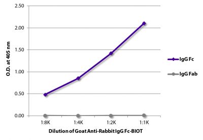 ELISA plate was coated with purified rabbit IgG Fc and IgG Fab.  Immunoglobulins were detected with serially diluted Goat Anti-Rabbit IgG Fc-BIOT (SB Cat. No. 4041-08) followed by Streptavidin-HRP (SB Cat. No. 7100-05).