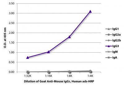 ELISA plate was coated with purified mouse IgG<sub>1</sub>, IgG<sub>2a</sub>, IgG<sub>2b</sub>, IgG<sub>3</sub>, IgM, and IgA.  Immunoglobulins were detected with serially diluted Goat Anti-Mouse IgG<sub>3</sub>, Human ads-HRP (SB Cat. No. 1100-05).