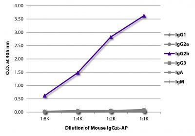 ELISA plate was coated with Goat Anti-Mouse IgG<sub>1</sub>, Human ads-UNLB (SB Cat. No. 1070-01), Goat Anti-Mouse IgG<sub>2a</sub>, Human ads-UNLB (SB Cat. No. 1080-01), Goat Anti-Mouse IgG<sub>2b</sub>, Human ads-UNLB (SB Cat. No. 1090-01), Goat Anti-Mouse IgG<sub>3</sub>, Human ads-UNLB (SB Cat. No. 1100-01), Goat Anti-Mouse IgA-UNLB (SB Cat. No. 1040-01), and Goat Anti-Mouse IgM, Human ads-UNLB (SB Cat. No. 1020-01).  Serially diluted Mouse IgG<sub>2b</sub>-AP (SB Cat. No. 0104-04) was captured and quantified.