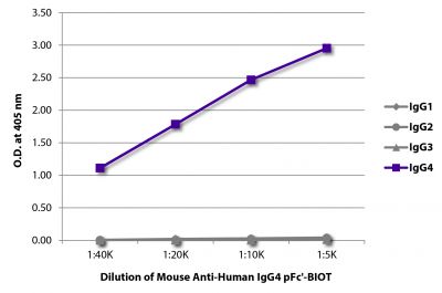 ELISA plate was coated with purified human IgG<sub>1</sub>, IgG<sub>2</sub>, IgG<sub>3</sub>, and IgG<sub>4</sub>.  Immunoglobulins were detected with serially diluted Mouse Anti-Human IgG<sub>4</sub> pFc'-BIOT (SB Cat. No. 9190-08) followed by Streptavidin-HRP (SB Cat. No. 7100-05).