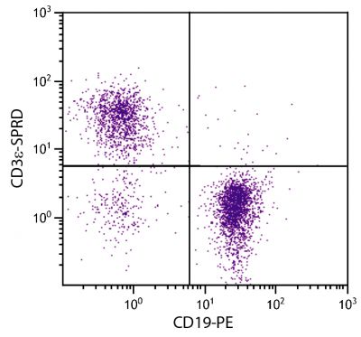 BALB/c mouse splenocytes were stained with Hamster Anti-Mouse CD3ε-SPRD (SB Cat. No. 1531-13) and Rat Anti-Mouse CD19-PE (SB Cat. No. 1575-09).