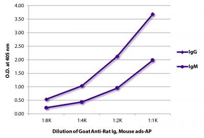 ELISA plate was coated with purified rat IgG and IgM and mouse IgG, IgM, and IgA.  Immunoglobulins were detected with serially diluted Goat Anti-Rat Ig, Mouse ads-AP (SB Cat. No. 3010-04).