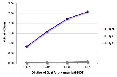 ELISA plate was coated with purified human IgM, IgG, and IgA.  Immunoglobulins were detected with serially diluted Goat Anti-Human IgM-BIOT (SB Cat. No. 2020-08) followed by Streptavidin-HRP (SB Cat. No. 7100-05).