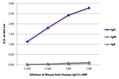 ELISA plate was coated with purified human IgG, IgM, and IgA.  Immunoglobulins were detected with serially diluted Mouse Anti-Human IgG Fc-HRP (SB Cat. No. 9042-05).