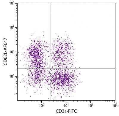 BALB/c mouse splenocytes were stained with Rat Anti-Mouse CD62L-AF647 (SB Cat. No. 1705-31) and Rat Anti-Mouse CD3ε-FITC (SB Cat. No. 1535-02).