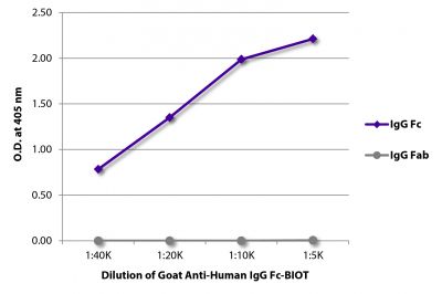 ELISA plate was coated with purified human IgG Fc and IgG Fab.  Immunoglobulins were detected with serially diluted Goat Anti-Human IgG Fc-BIOT (SB Cat. No. 2048-08) followed by Streptavidin-HRP (SB Cat. No. 7100-05).