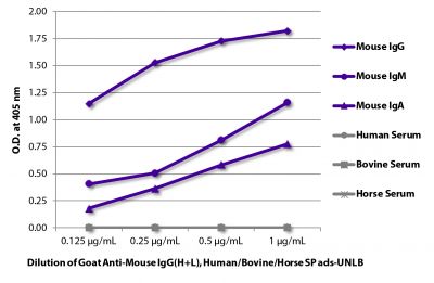 ELISA plate was coated with purified mouse IgG, IgM, and IgA and human, bovine, and horse serum.  Immunoglobulins and sera were detected with serially diluted Goat Anti-Mouse IgG(H+L), Human/Bovine/Horse SP ads-UNLB (SB Cat. No. 1037-01) followed by Mouse Anti-Goat IgG Fc-HRP (SB Cat. No. 6158-05).