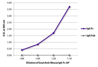 ELISA plate was coated with purified mouse IgG Fc and IgG Fab.  Immunoglobulins were detected with serially diluted Goat Anti-Mouse IgG Fc-AP (SB Cat. No. 1033-04).