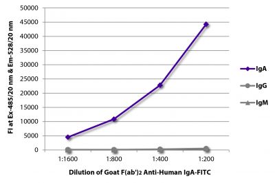 FLISA plate was coated with purified human IgA, IgG, and IgM.  Immunoglobulins were detected with serially diluted Goat F(ab')<sub>2</sub> Anti-Human IgA-FITC (SB Cat. No. 2052-02).