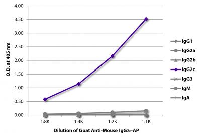 ELISA plate was coated with purified mouse IgG<sub>1</sub>, IgG<sub>2a</sub>, IgG<sub>2b</sub>, IgG<sub>2c</sub>, IgG<sub>3</sub>, IgM, and IgA.  Immunoglobulins were detected with serially diluted Goat Anti-Mouse IgG<sub>2c</sub>-AP (SB Cat. No. 1078-04).