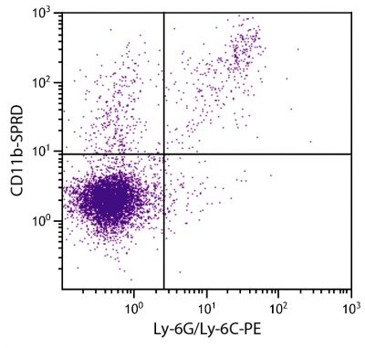 C57BL/6 mouse splenocytes were stained with Rat Anti-Mouse CD11b-SPRD (SB Cat. No. 1560-13) and Rat Anti-Mouse Ly-6G/Ly-6C-PE (SB Cat. No. 1900-09).