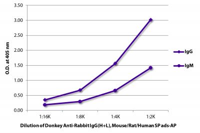 ELISA plate was coated with purified rabbit IgG and IgM.  Immunoglobulins were detected with serially diluted Donkey Anti-Rabbit IgG(H+L), Mouse/Rat/Human SP ads-AP (SB Cat. No. 6440-04).