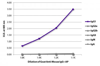 ELISA plate was coated with purified mouse IgG<sub>1</sub>, IgG<sub>2a</sub>, IgG<sub>2b</sub>, IgG<sub>3</sub>, IgM, and IgA.  Immunoglobulins were detected with serially diluted Goat Anti-Mouse IgG<sub>1</sub>-AP (SB Cat. No. 1071-04).