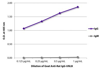 ELISA plate was coated with purified rat IgG and IgM.  Immunoglobulins were detected with serially diluted Goat Anti-Rat IgG-UNLB (SB Cat. No. 3030-01) followed by Swine Anti-Goat IgG(H+L), Human/Rat/Mouse SP ads-HRP (SB Cat. No. 6300-05).