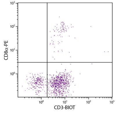 Chicken peripheral blood lymphocytes were stained with Mouse Anti-Chicken CD3-BIOT (SB Cat. No. 8200-08) and Mouse Anti-Chicken CD8α-PE (SB Cat. No. 8220-09) followed by Streptavidin-FITC (SB Cat. No. 7100-02).