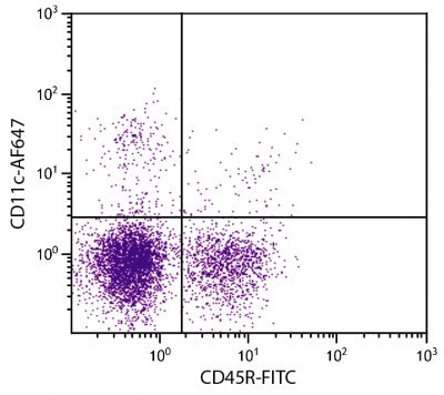 C57BL/6 mouse splenocytes were stained with Hamster Anti-Mouse CD11c-AF647 (SB Cat. No. 1565-31) and Rat Anti-Mouse CD45R-FITC (SB Cat. No. 1665-02).